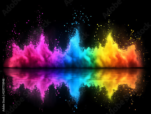 Vibrant color splash action abstract art digital creation dark background reflective surface visual impact