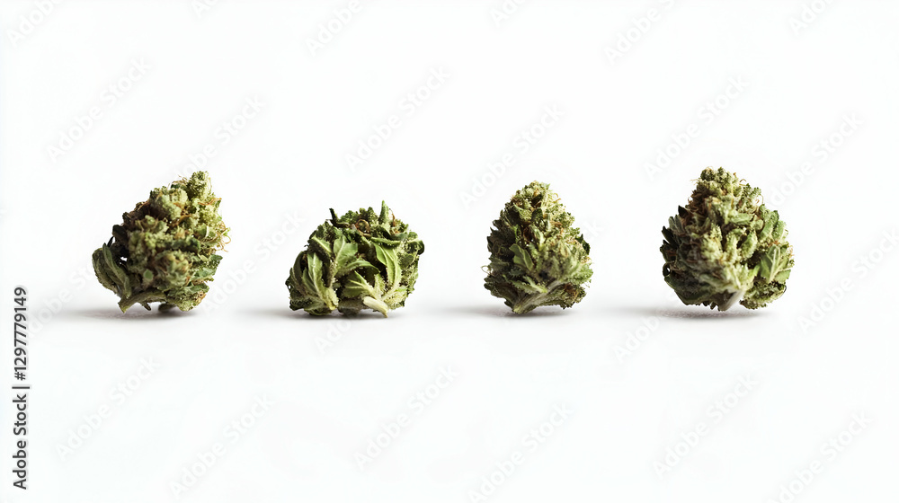 Isolated Cannabis Buds Arranged In A Row On A Clean White Surface Isolated Cannabis Buds Arranged In A Row On A Clean White Surface