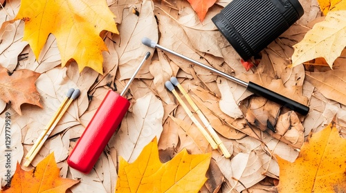 A photo showcasing a collection of essential fire starting tools including waterproof matches flint and a magnesium rod strategically arranged on a bed of dry autumn leaves
