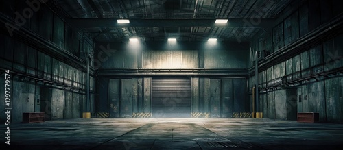 An unsettling nighttime scene at the loading area of an abandoned warehouse.