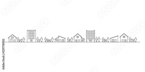 様々な家族構成をした世帯が住むマイホームの街並みをイメージした線画イラスト