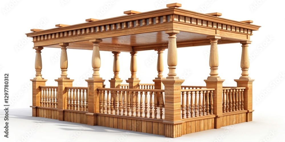 Fototapeta premium 3D Rendered Wooden Balustrade, Pergola, Columns: Bokeh Effect Photorealistic Image