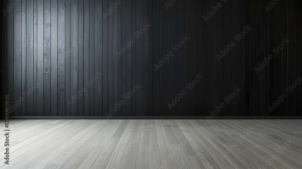 Minimalist Interior Perspective View Of Dark Wood Panelled Wall And Light Wooden Flooring With Empty Space Minimalist Interior Perspective View Of Dark Wood Panelled Wall And Light Wooden Flooring With Empty Space