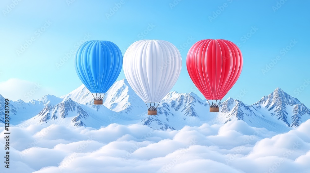 Obraz premium Colorful hot air balloons hovering over snowy mountain peaks a picturesque journey through the clouds above majestic summits rendering