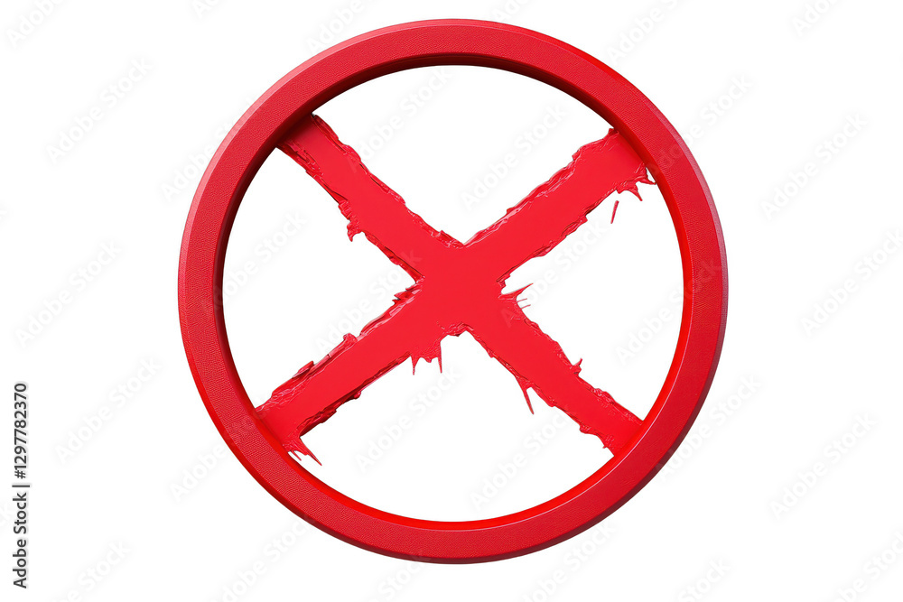 Obraz premium bold red circular symbol with striking red X in center, conveying sense of prohibition or rejection. This graphic can be used in various contexts, such as warnings or alerts