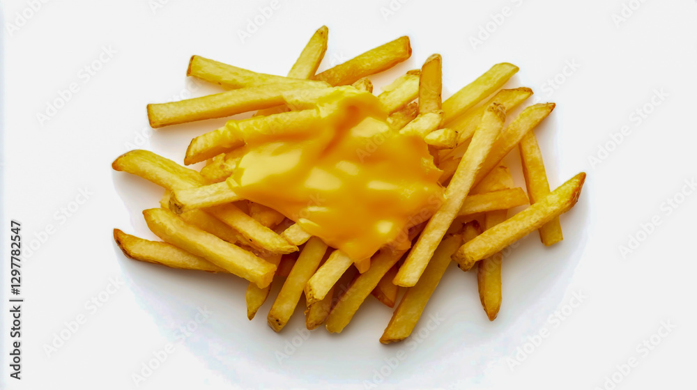 Fries with cheddar cheese on top, top view isolated on a white background. Fries with cheddar cheese on top, top view isolated on a white background.