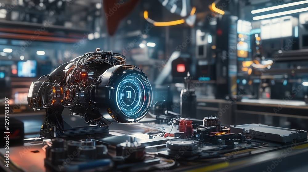 Fototapeta premium factory where an engineer uses an AR headset to visualize a holographic engine model, offering insights into advanced digital