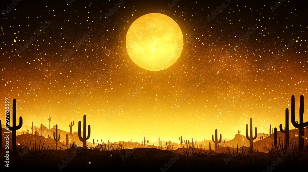 Fototapeta premium Golden Pixelated Desert Night Landscape Digital Artwork with Moon and Cactus Silhouette in a Pixel Art Retro Style Representation