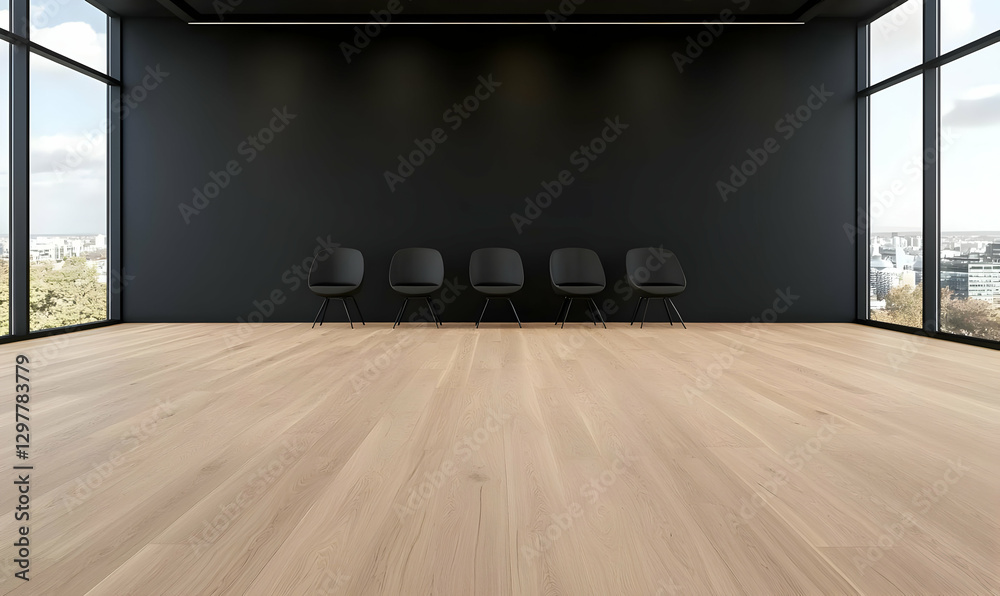 Fototapeta premium Modern Minimalist Interior with Black Walls and Wooden Floor