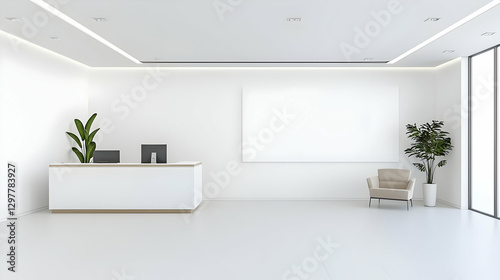 Modern Minimalist Office Interior with Reception Desk and Plants
