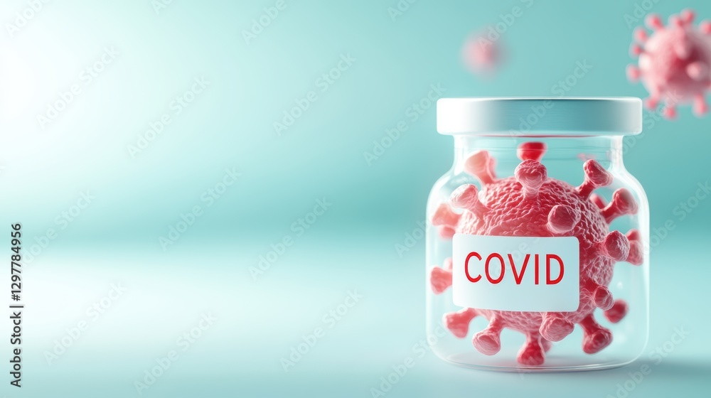 A transparent jar contains a 3D representation of the COVID virus, symbolizing health and safety concerns related to the pandemic A transparent jar contains a 3D representation of the COVID virus, symbolizing health and safety concerns related to the pandemic