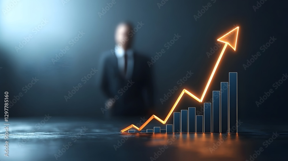 Dramatic and modern visualization of a sleek upward moving business chart with a glowing arrow featuring a softly blurred business figure in the background Dramatic and modern visualization of a sleek upward moving business chart with a glowing arrow featuring a softly blurred business figure in the background
