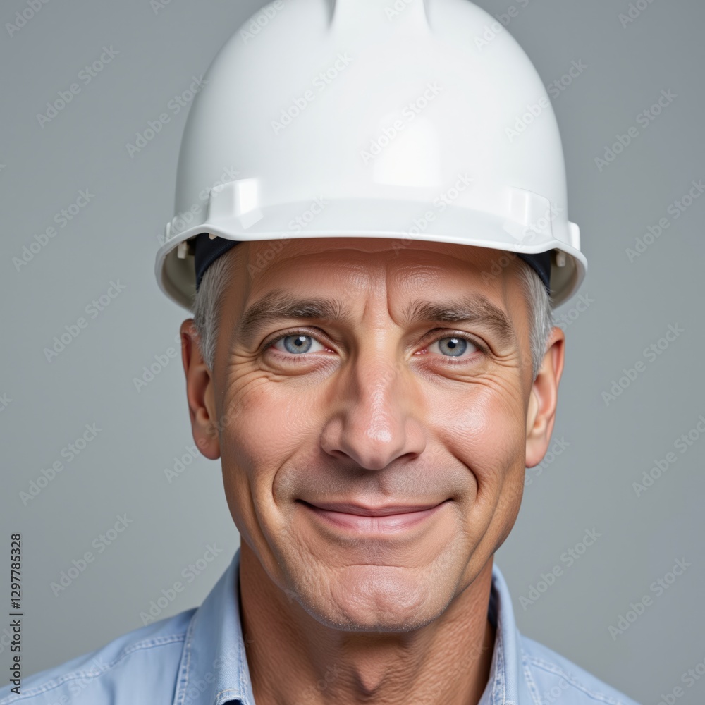 Portrait of a Middle-Aged Caucasian Male Construction Worker Wearing a White Hard Hat and Smiling, Depicting Confidence and Experience in a Professional Setting Portrait of a Middle-Aged Caucasian Male Construction Worker Wearing a White Hard Hat and Smiling, Depicting Confidence and Experience in a Professional Setting