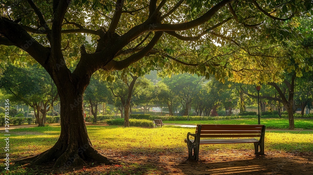 charming park bench under a rain tree, where visitors can relax in the shade, listen to the rustling leaves charming park bench under a rain tree, where visitors can relax in the shade, listen to the rustling leaves