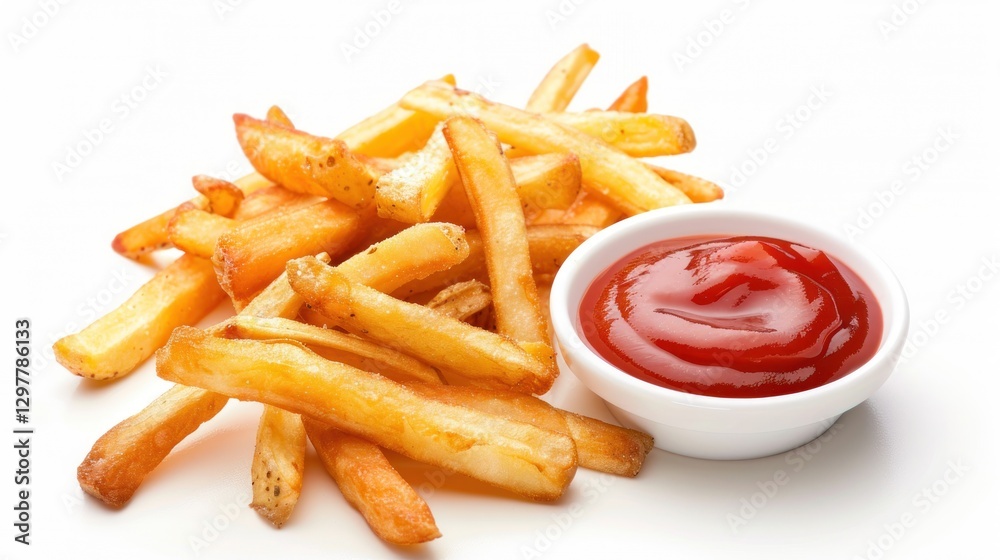 Tasty golden french fries potato snack with red tomato ketchup on white background. AI generated Tasty golden french fries potato snack with red tomato ketchup on white background. AI generated