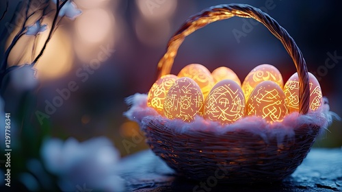 Easter egg basket in spring decoration A decorative basket filled with illuminated Easter eggs in a soft, dreamy setting.