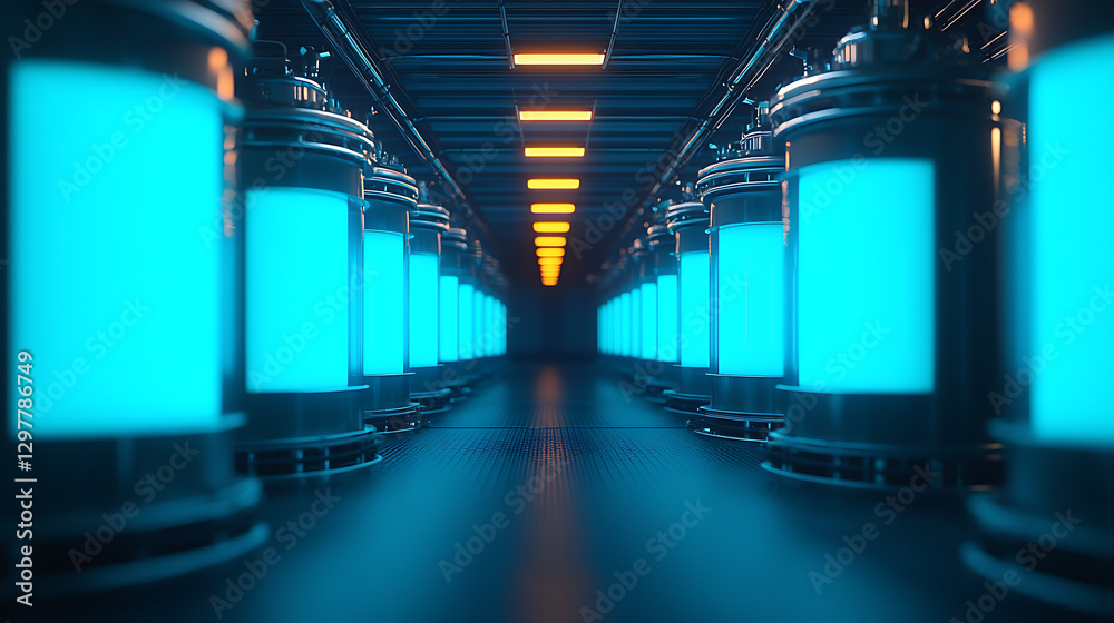 Fototapeta premium Hydrogen fuel cell production plant industrial environment illuminated technology facility innovative energy solutions futuristic viewpoint