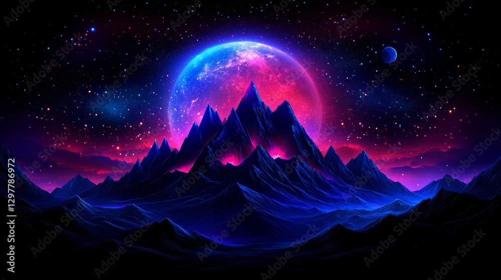 Obraz premium Vaporwave Mountainscape Under Distant Galactic Bloom Retro Future Aesthetic Digital Artwork Synthetic Scenery Cosmic Background Wallpaper