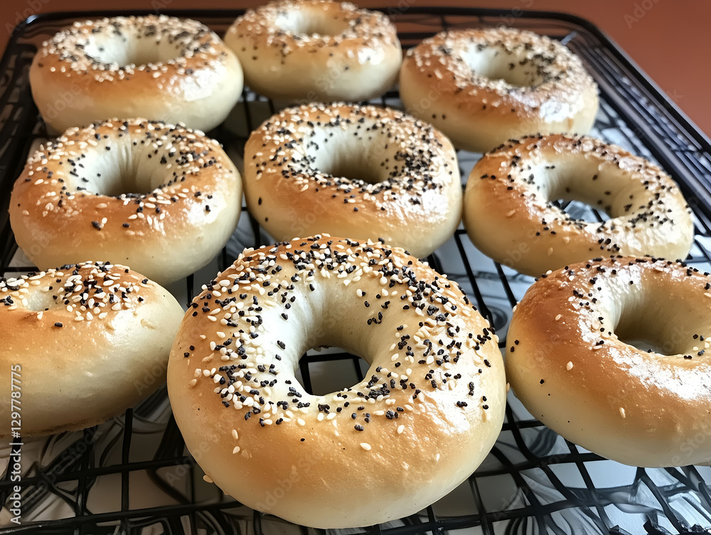 Freshly Baked Bagels on Cooling Rack, Golden Brown Bagels with Sesame and Poppy Seeds Freshly Baked Bagels on Cooling Rack, Golden Brown Bagels with Sesame and Poppy Seeds