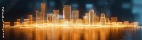 Golden city skyline reflection.