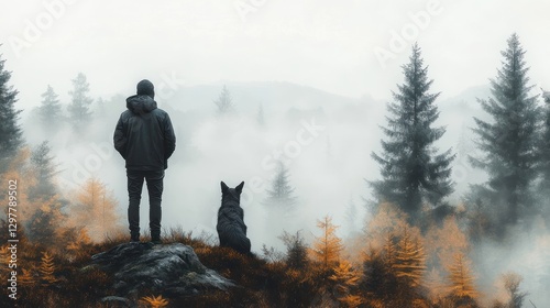 Misty Forest Hunting Scene with Hunter and Dog Silhouette in Woods - Wildlife Landscape Illustration Vector for Logo or Banner photo