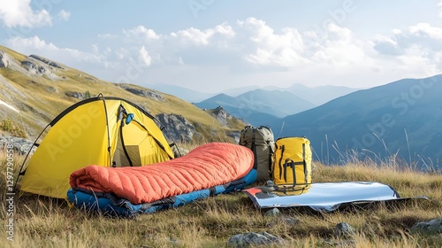 Survival camping gear kit including thermal sleeping bag emergency tent and reflective tarp against a stunning mountain landscape backdrop ideal for outdoor adventures and expeditions