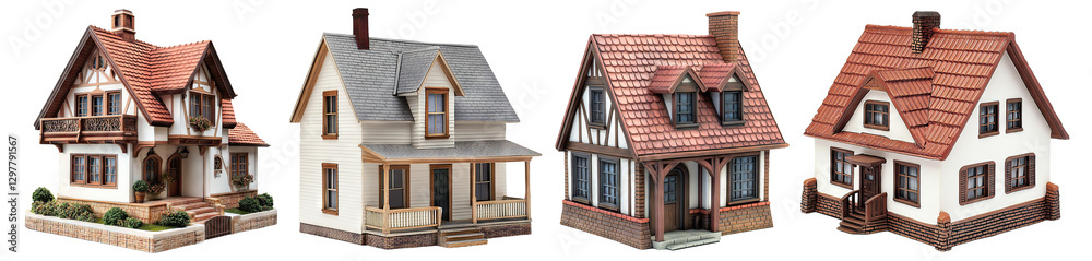 Set of traditional houses with detailed architecture, isolated on transparent cutout Set of traditional houses with detailed architecture, isolated on transparent cutout