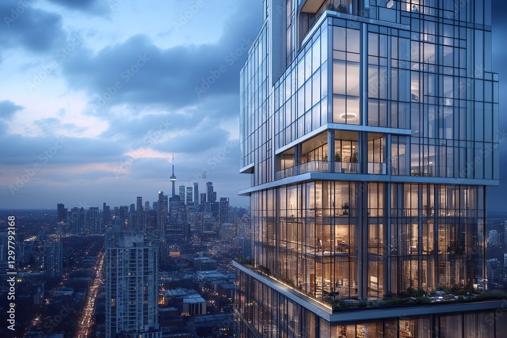 Fototapeta premium Modern Glass Skyscraper at Twilight with City Skyline