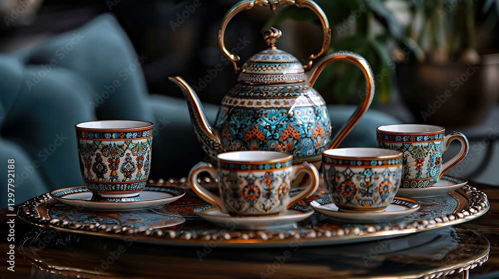 Ornate Teapot and Cups on a Decorative Tray in a Luxurious Setting Ornate Teapot and Cups on a Decorative Tray in a Luxurious Setting