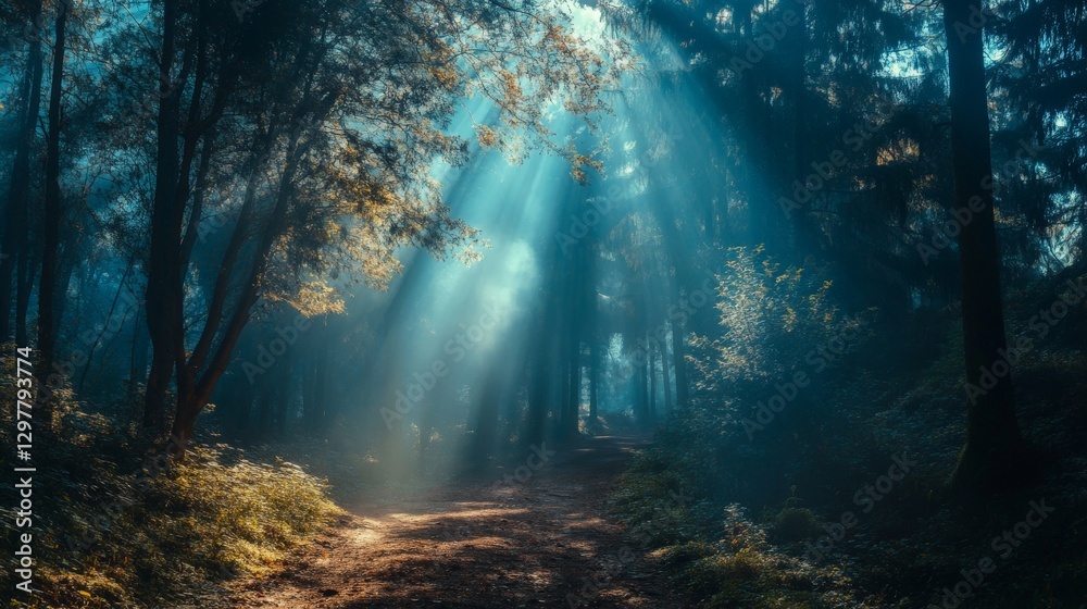 Fototapeta premium Mystical forest path with sun rays shining through the trees.