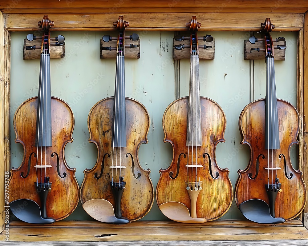 Fototapeta premium Four violins displayed on wooden wall