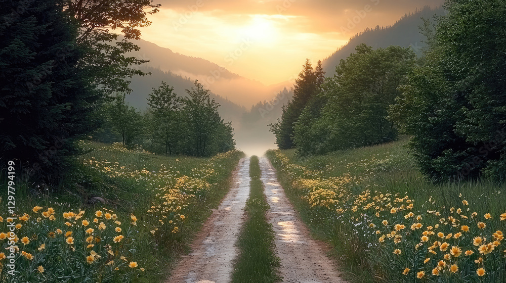 Fototapeta premium serene country road leads into misty valley, surrounded by lush greenery and blooming flowers, evoking sense of tranquility and peace