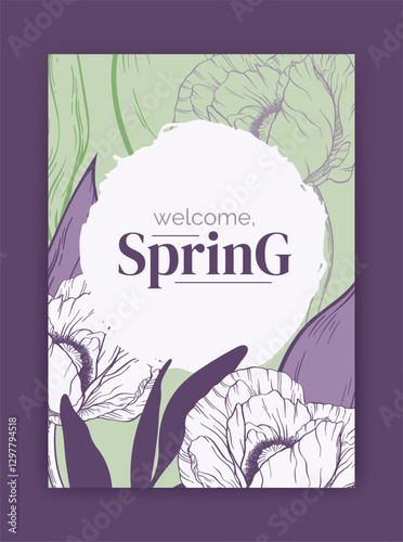 Welcome spring. Vector banner layout. Vintage hand drawn linear flowers. Big blooming contour poppies, many leaves all over design. Cute botanical template. Plant poster. Element for event, sale ads