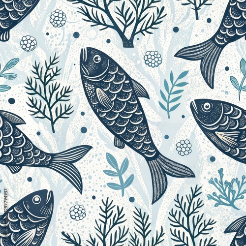 Seamless Underwater Pattern Design Featuring Fish and Coral Digital Art Tranquil Ocean Environment Top-Down View