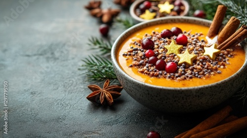 Bowl of carrot soup garnished with cranberries and seasoned with spices served on a wooden table