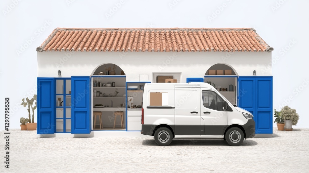 Obraz premium Courier service vehicle delivering packages in front of mediterranean coastal house providing logistics solution for business and e commerce