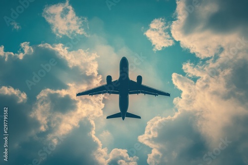 Airplane flying through a cloudy sky during the day at a high altitude showcasing contrast between aircraft and clouds. Generative AI