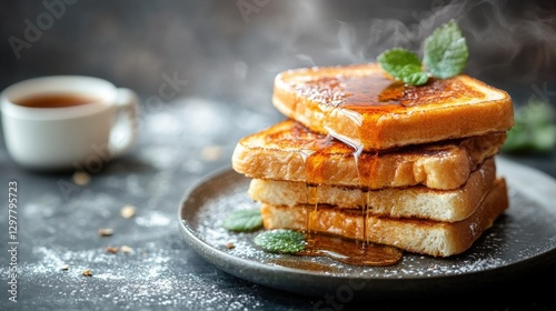 Stack of grilled french toast slices arranged on a plate with syrup drizzled on top