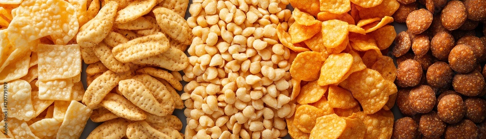 Assorted snacks including chips, nuts, and cereals on a wooden background. Assorted snacks including chips, nuts, and cereals on a wooden background.