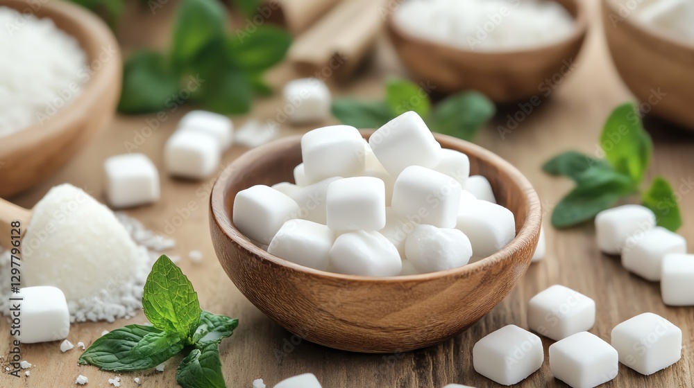 Cubes of sugar in a wooden bowl with fresh mint leaves on a wooden surface. Cubes of sugar in a wooden bowl with fresh mint leaves on a wooden surface.