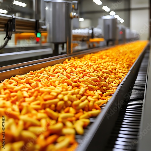 Industrial conveyor belt transporting golden snacks in a factory setting.