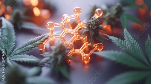 Cannabis leaves and molecular model representing chemical structure of cannabinoids and their effects on health
