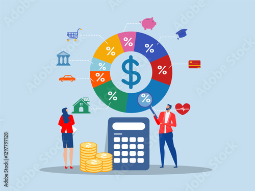 Businessman analyzes budget allocation pie chart. Cost tracking or debt management. Budget planning, financial expense concept vector.