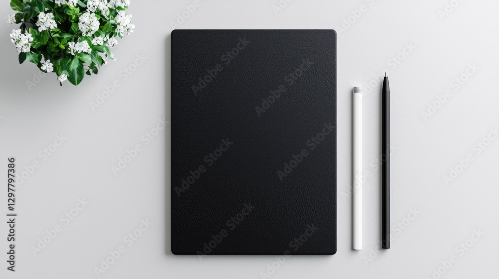 Fototapeta premium Minimalist digital tablet mockup with black and white stylus pens next to a green plant on a grey background.
