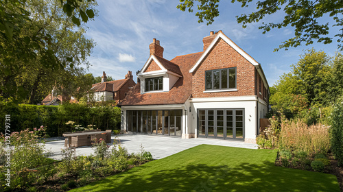 Modern house architecture, blending traditional architectural elements with contemporary design, featuring grand facade, large windows, manicured garden