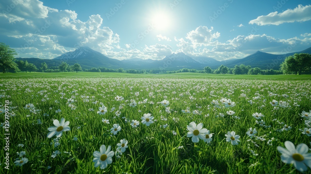 Serene Meadow Landscape: A vast expanse of green grass and wildflowers unfolds beneath a bright blue sky, framed by rolling mountains and fluffy clouds, illuminated by the sun Serene Meadow Landscape: A vast expanse of green grass and wildflowers unfolds beneath a bright blue sky, framed by rolling mountains and fluffy clouds, illuminated by the sun