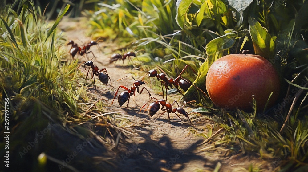 Ants carrying food on path in garden with tomato Ants carrying food on path in garden with tomato