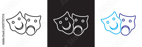  Comic and tragic mask icon. Masquerade vector icon . Isolated on white and black background. Vector illustration. EPS 10