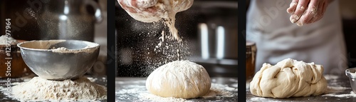 Hands preparing dough, sprinkling flour, baking process in kitchen. photo