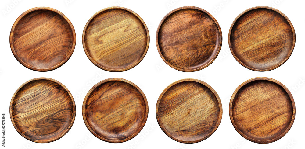 Set of round wooden plates with natural grain texture, isolated on transparent cutout background Set of round wooden plates with natural grain texture, isolated on transparent cutout background
